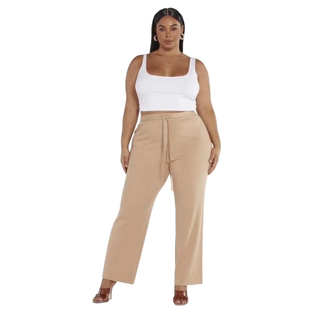 FASHION TO FIGURE; Tan Yvonne Ribbed Knit Tie Waist Pants, Sz 1X